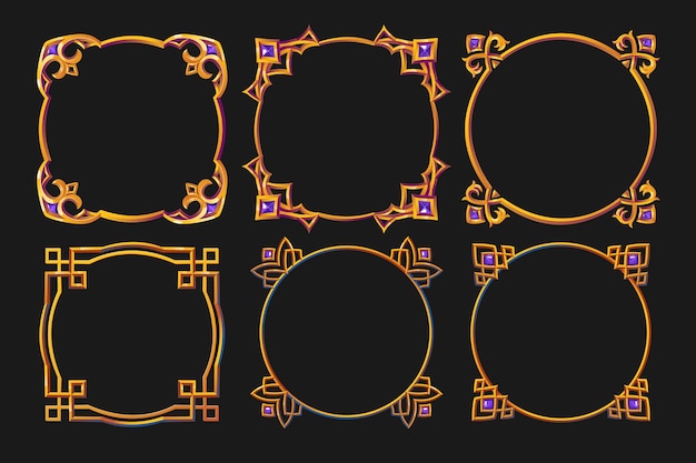 Ensemble De Cadres Dorés Bordures Carrées Et Rondes Avec Jantes En Métal Orné Et Pierres Précieuses éléments De Jeu De Dessin Animé Médiéval Vide Métallique Bordant De Pierres Précieuses Photoframes Isolés Illustration Vectorielle