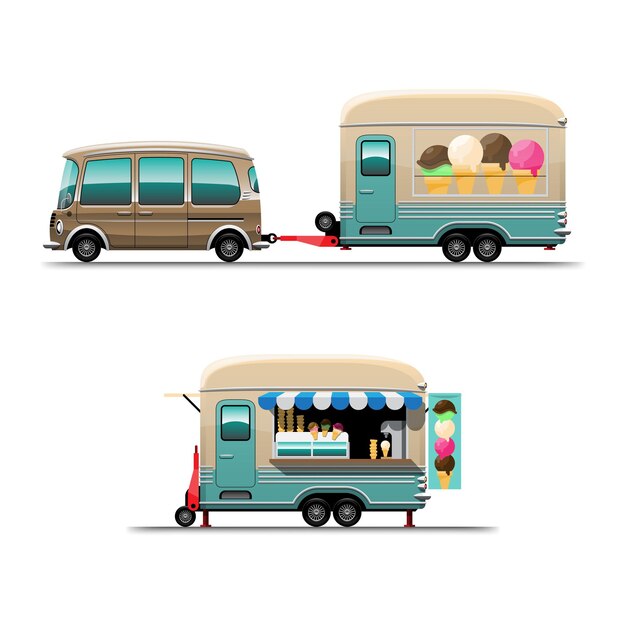 Ensemble de camion de nourriture de remorque avec de la crème glacée avec tableau de menu, illustration plate de style de dessin sur fond blanc