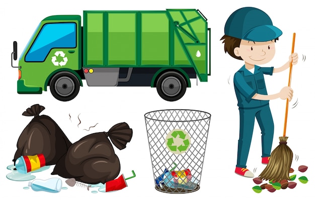 Vecteur gratuit ensemble de camion à ordures et illustration de concierge
