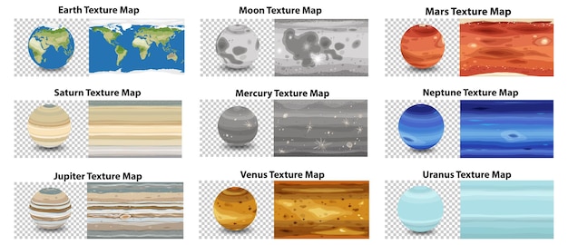 Vecteur gratuit ensemble de carte de texture de planète différente