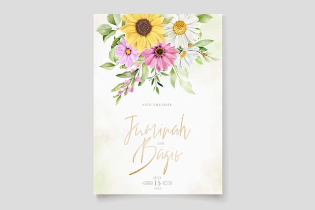Ensemble de cartes d'invitation fleur de soleil et marguerite dessinés à la main