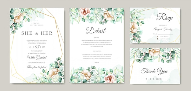 Ensemble De Cartes D'invitation De Mariage Aquarelle Eucalyptus