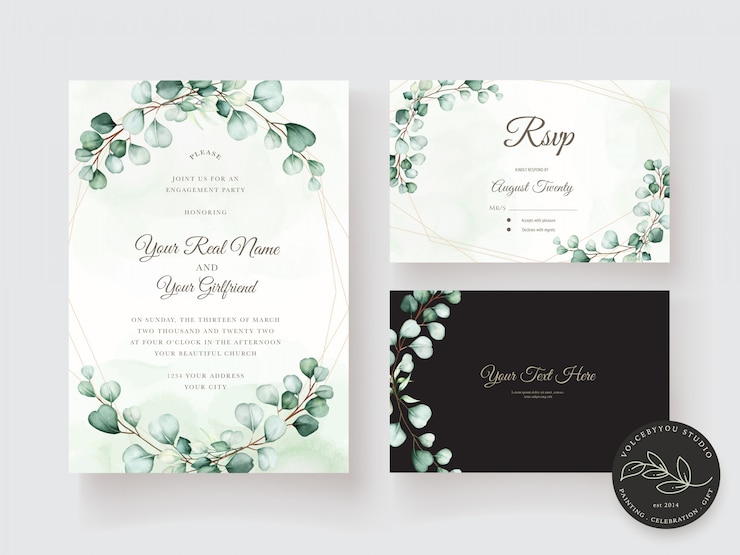 Vecteur gratuit ensemble de cartes d'invitation de mariage aquarelle eucalyptus