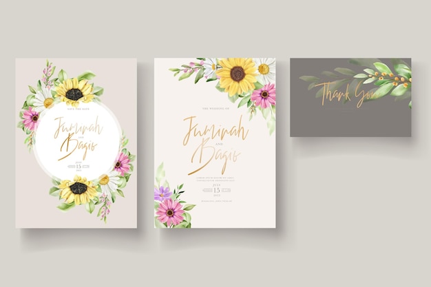 Ensemble De Cartes D'invitation De Mariage Aquarelle Fleur De Soleil Et Marguerite