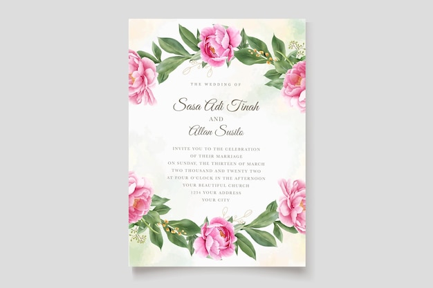 Vecteur gratuit ensemble de cartes d'invitation de mariage aquarelle pivoines