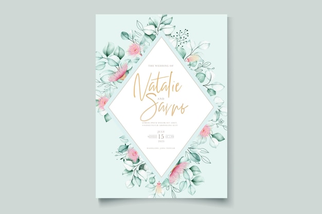 Vecteur gratuit ensemble de cartes d'invitation de mariage belle fleur d'eucalyptus et feuilles