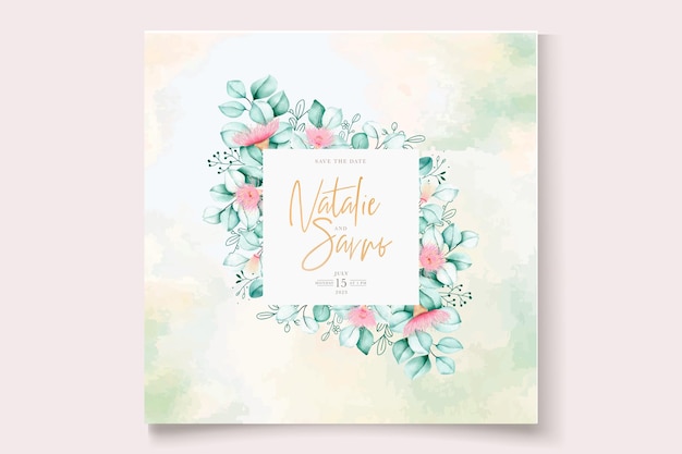 Vecteur gratuit ensemble de cartes d'invitation de mariage fleur et feuilles d'eucalyptus