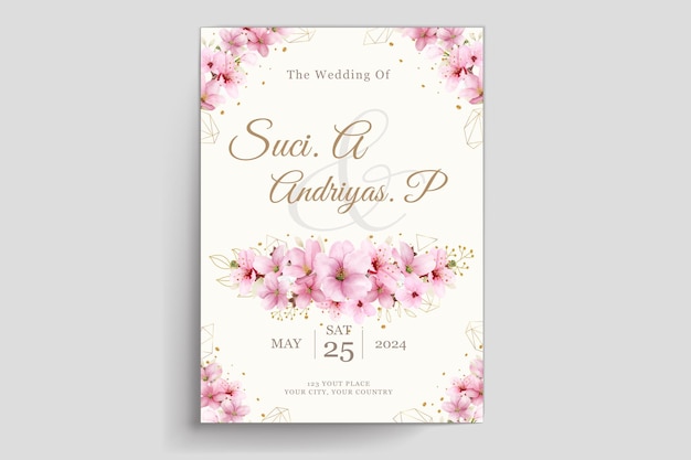 Vecteur gratuit ensemble de cartes d'invitation de mariage printemps aquarelle fleur de cerisier