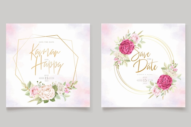 Ensemble de cartes d'invitation de mariage roses douces dessinées à la main