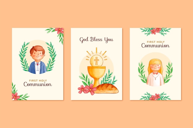 Vecteur gratuit ensemble de cartes de première communion dessinées à la main