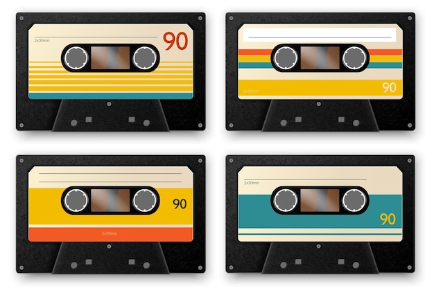 Ensemble de cassettes de musique vintage réaliste de quatre isolés de bandes audio avec illustration d'ombres