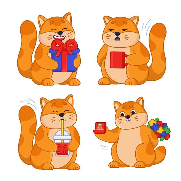 Ensemble de chat de dessin animé recevant un cadeau proposant un mariage en buvant un cocktail et du thé