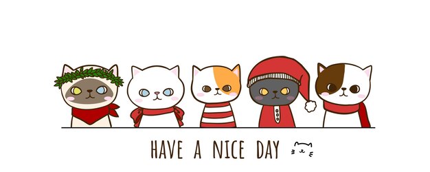 Ensemble de chats mignons doodle dessinés à la main portant un costume de Noël avec lettrage