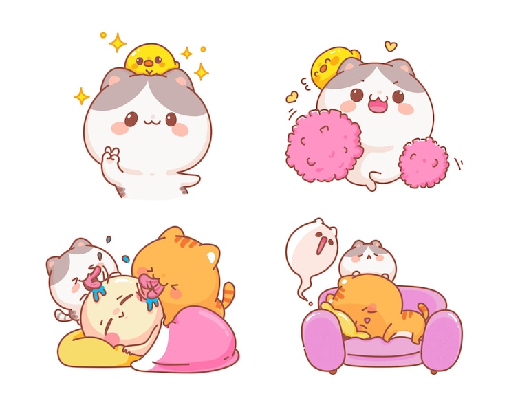 Vecteur gratuit ensemble de chats mignons d'illustration de dessin animé drôle de personnage