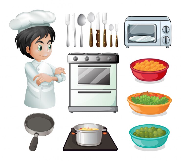 Vecteur gratuit ensemble de chef avec d&#39;autres équipements de cuisine