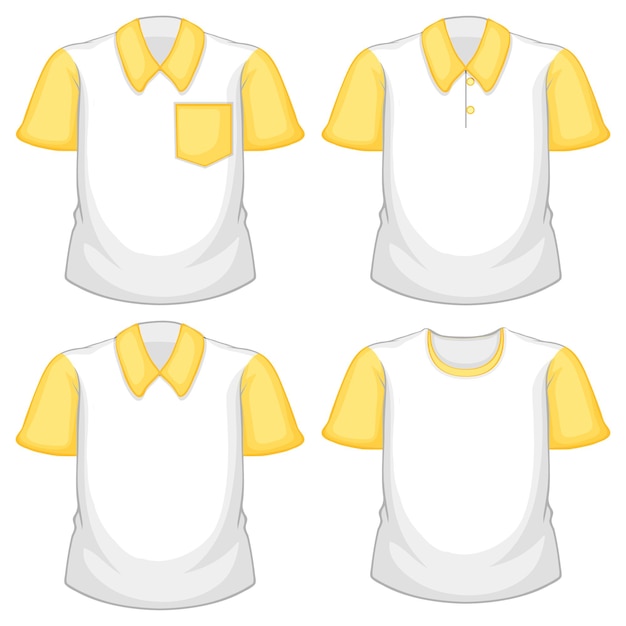 Vecteur gratuit ensemble de chemise blanche différente à manches courtes jaune isolé sur blanc