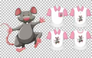Vecteur gratuit ensemble de chemises différentes avec personnage de dessin animé de souris isolé sur fond transparent