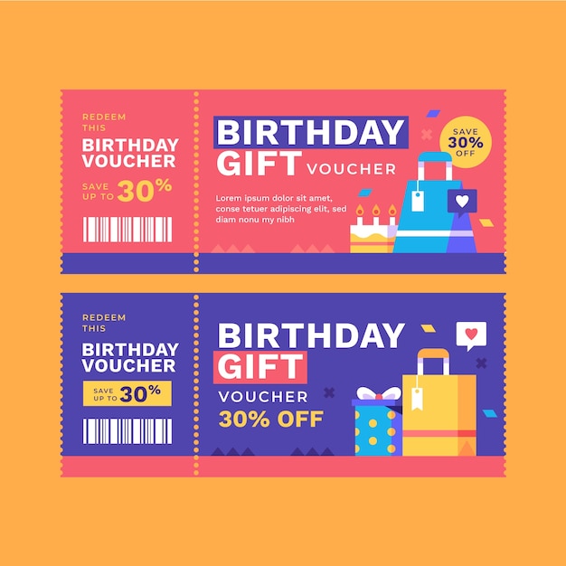 Vecteur gratuit ensemble de chèques-cadeaux d'anniversaire design plat