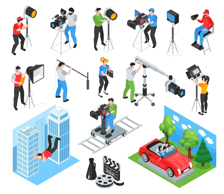 Vecteur gratuit ensemble de cinématographie isométrique d'icônes isolées et de personnages de membres d'équipe de tournage travaillant avec une illustration vectorielle d'équipement professionnel