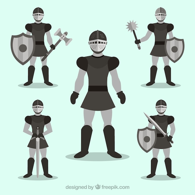 Vecteur gratuit ensemble de cinq chevaliers avec armure en design plat