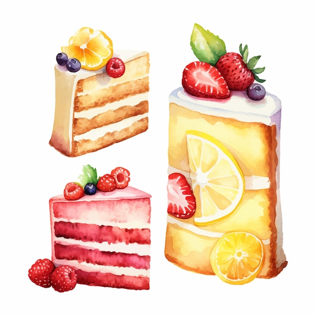 Vecteur gratuit un ensemble de clipart aquarelle de gâteaux et tranches de gâteau citron fraise et cerise
