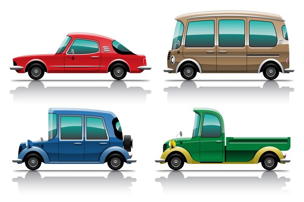 Ensemble de clipart coloré gros véhicule isolé, illustrations plates de divers types de voitures.
