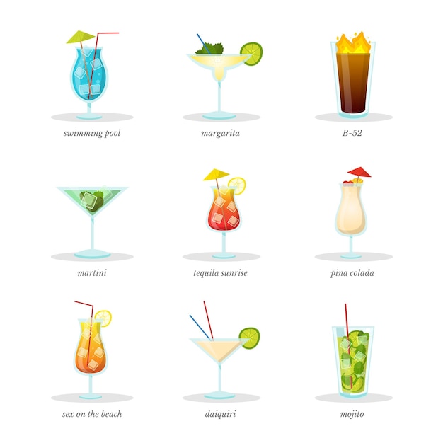 Vecteur gratuit ensemble de cocktails boissons boissons alcoolisées de fête pack d'éléments de conception isolés mojito pina colada margarita dans des verres avec des pailles martini daiquiri avec des titres