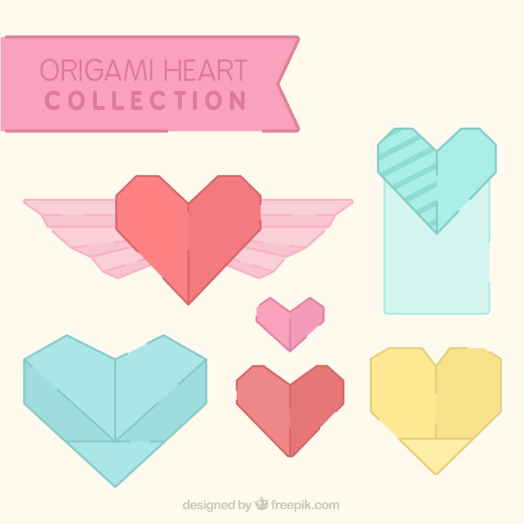 Vecteur gratuit ensemble de coeurs origami en couleur pastel