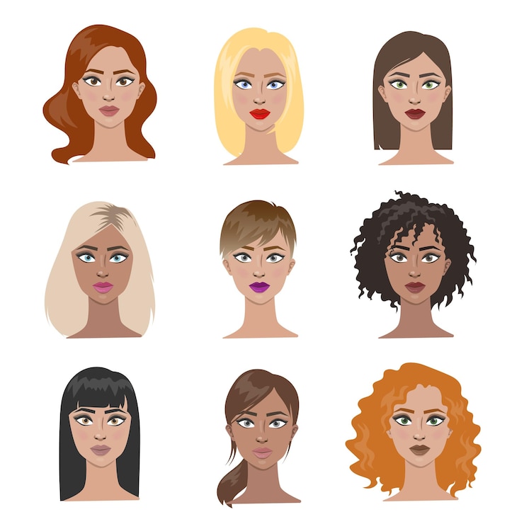 Vecteur gratuit ensemble de coiffures féminines tous les types de cheveux avec une couleur de cheveux différente