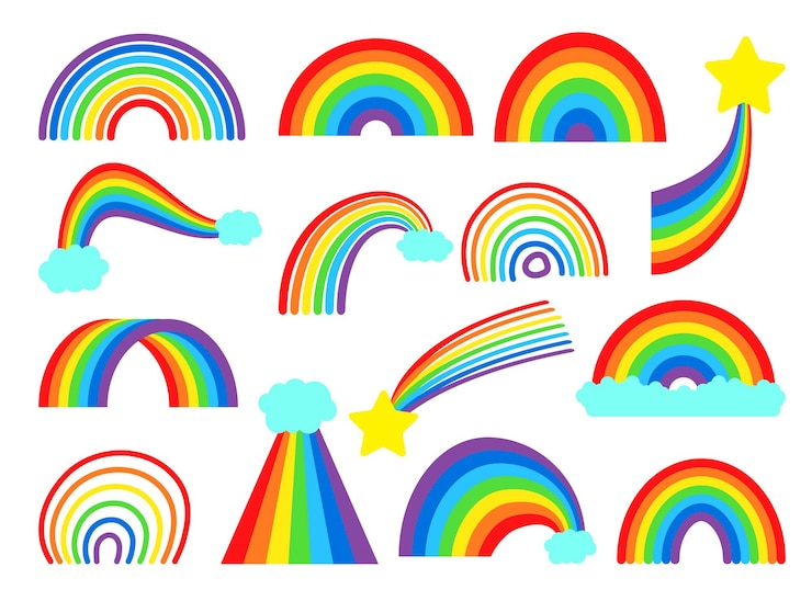 Vecteur gratuit ensemble de collection arc-en-ciel de dessin animé. arcs-en-ciel colorés, étoiles et nuages avec queue aux couleurs de l'arc-en-ciel. ensemble d'illustrations d'arc de couleur dessinés à la main. doodle arc-en-ciel de dessin animé, collection graphique colorée