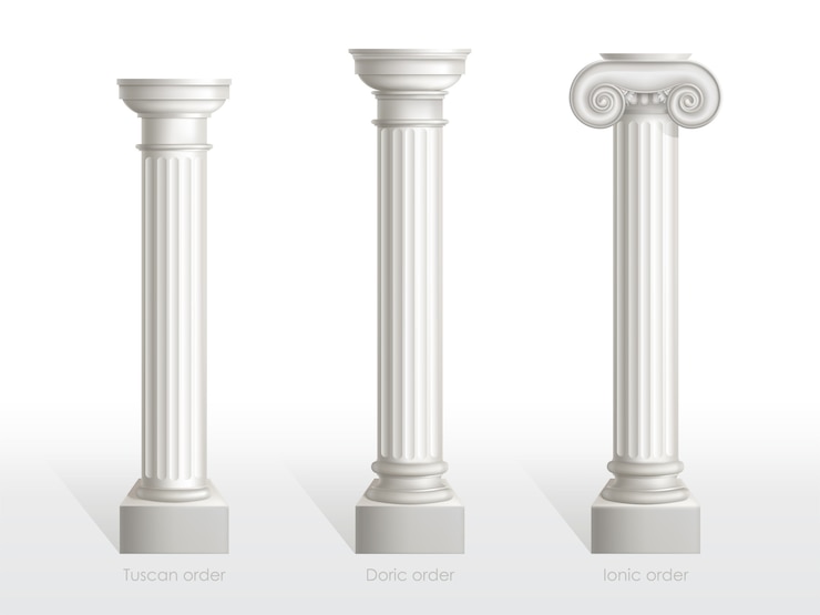 Vecteur gratuit ensemble de colonnes antiques de l&#39;ordre toscan, dorique et ionique isolé. anciens piliers ornés classiques de l&#39;architecture romaine ou de la grèce pour la décoration de façade réaliste illustration vectorielle 3d