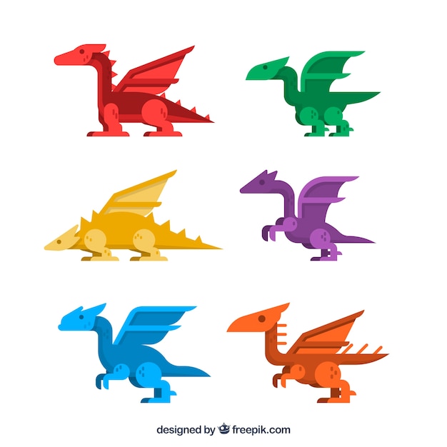 Vecteur gratuit ensemble coloré de dragons avec un design plat