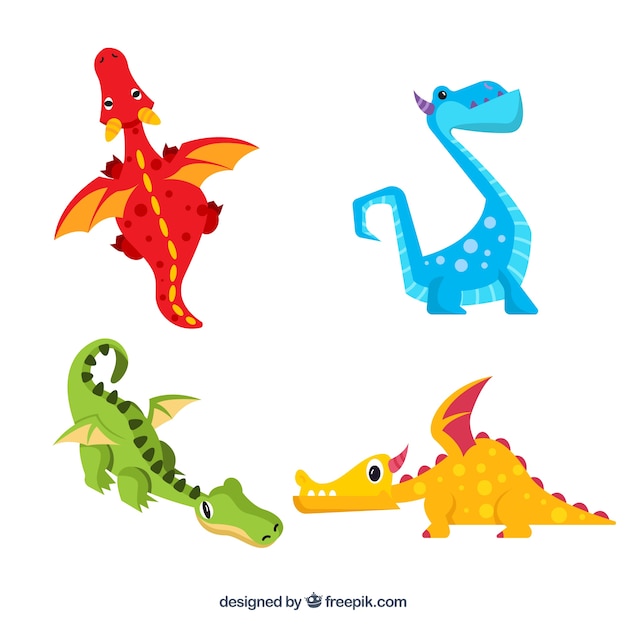 Ensemble coloré de dragons avec un design plat