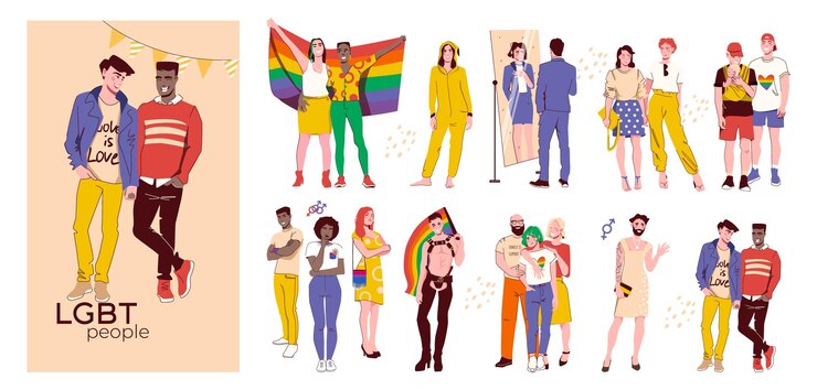 Vecteur gratuit ensemble de composition plate de personnes de la communauté lgbt de personnages bisexuels transgenres gays lesbiennes isolés illustration vectorielle