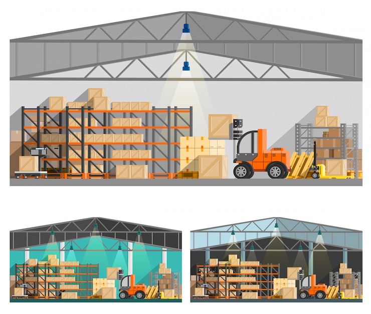 Vecteur gratuit ensemble de compositions d&#39;entrepôt et de stockage