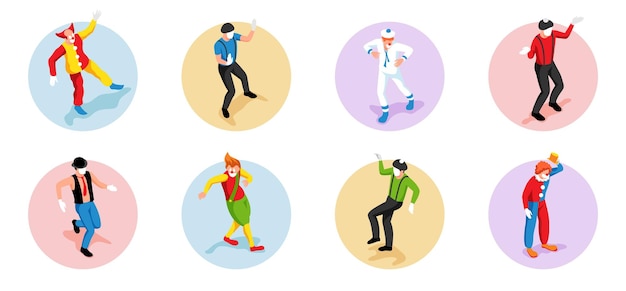 Ensemble De Compositions Isométriques Avec Des Mimes Masculins Et Des Clowns Isolés Illustration Vectorielle