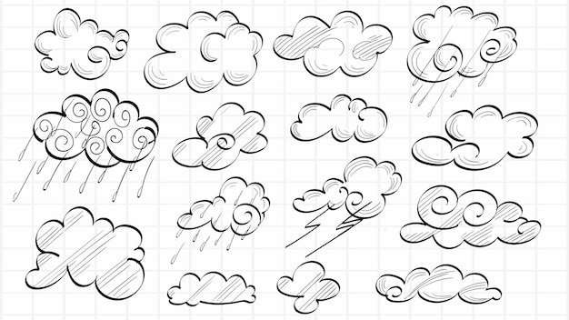 Ensemble de conception de croquis de dessin de main de nuages