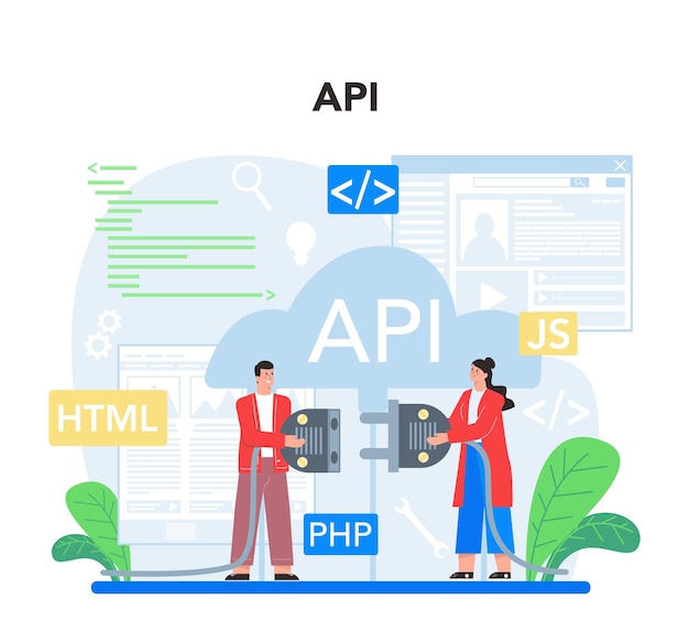 Ensemble De Concepts D'interface De Programmation D'applications Processus De Développement Logiciel Amélioration De La Conception De L'interface De Site Web Programmation Et Codage Profession Informatique Illustration Vectorielle Plane Isolée