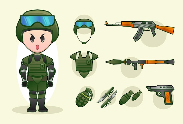 Ensemble de constructeur d'habillage de soldat, vous pouvez choisir le costume et les accessoires Conception de personnage d'illustration vectorielle de dessin animé