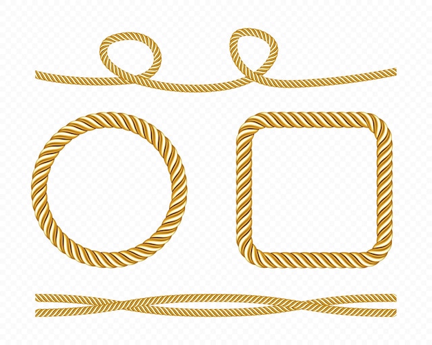 Vecteur gratuit ensemble de cordons de soie dorés et montures rondes et carrées de fils de corde de satin dorés.