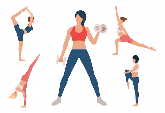 femmes de différentes tailles, âges et activités de courses. ensemble de  femmes faisant du sport, yoga, jogging, saut, étirement, fitness. sport  femmes vector illustration plate isolée sur fond blanc. 2036897 Art  vectoriel