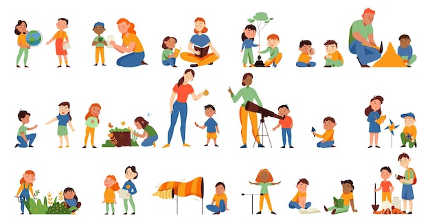 Vecteur gratuit ensemble de couleurs d'étude de la nature d'icônes isolées avec des personnages d'enfants avec enseignant et matériel d'apprentissage illustration vectorielle