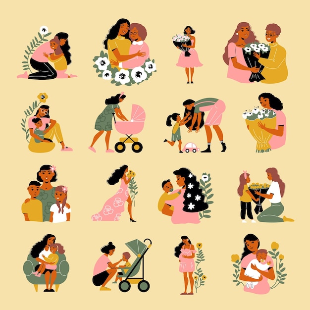 Ensemble De Couleurs De Fête Des Mères D'icônes Isolées Avec Des Personnages Féminins De Maman Ses Enfants Et Fleurs Illustration Vectorielle