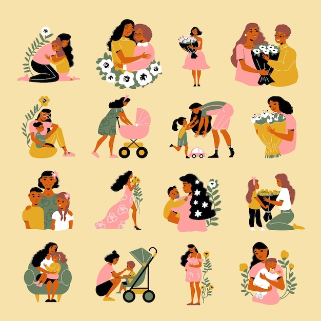 Ensemble de couleurs de fête des mères d'icônes isolées avec des personnages féminins de maman ses enfants et fleurs illustration vectorielle