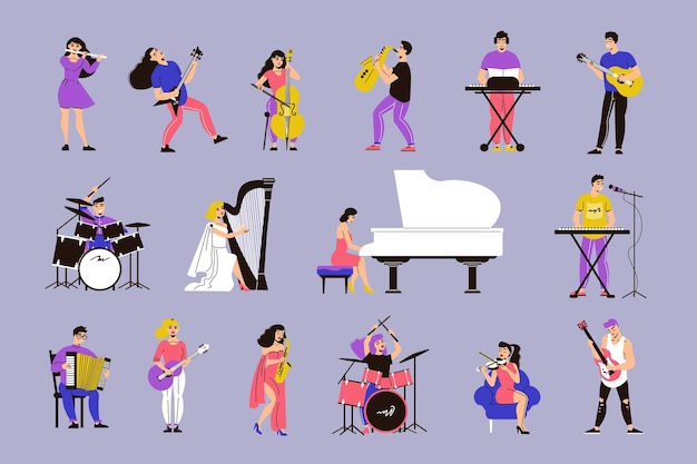 Ensemble De Couleurs De Musiciens D'icônes Isolées Avec Des Personnages Humains D'hommes Et De Femmes Jouant Des Instruments De Musique Illustration Vectorielle