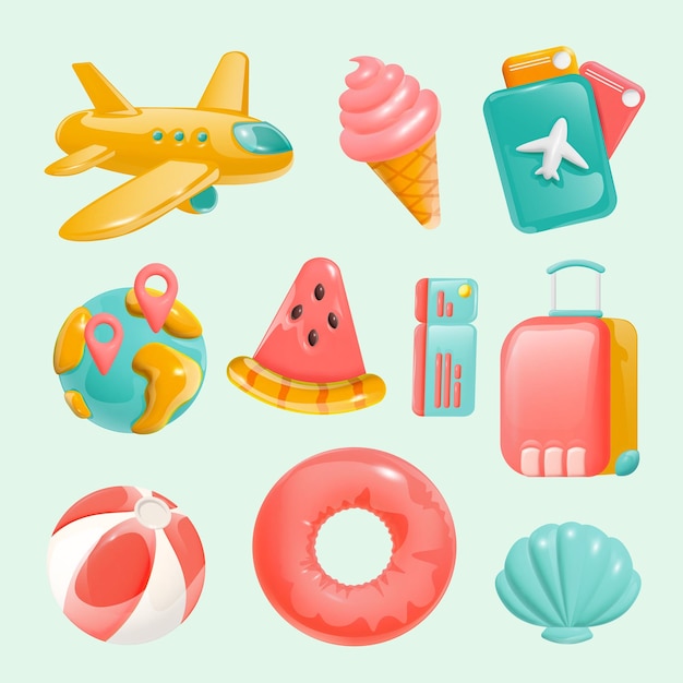 Vecteur gratuit ensemble de couleurs de voyage d'avion valise globe bouée de sauvetage balle de volley-ball coquillage icônes de dessin animé illustration vectorielle isolée illustration vectorielle isolée