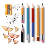 Vecteur gratuit ensemble de crayons à rayures vectorielles de différentes longueurs avec un caoutchouc, un taille-aiguise, des copeaux