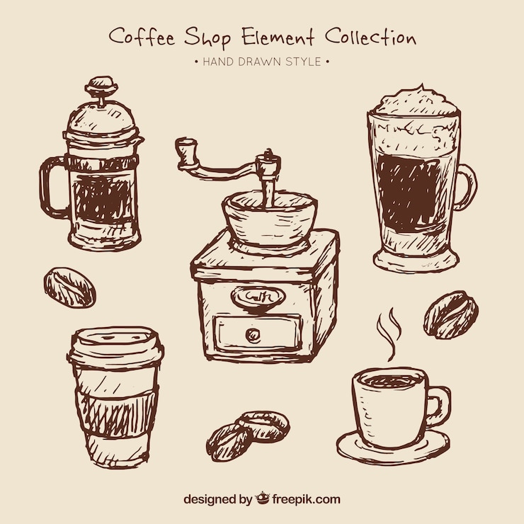 Vecteur gratuit ensemble de croquis de café et moulin à café