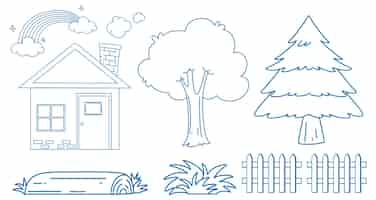 Vecteur gratuit ensemble de croquis avec maison et arbres