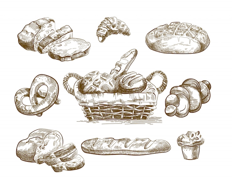 Vecteur gratuit ensemble de croquis de produits cuits à la main